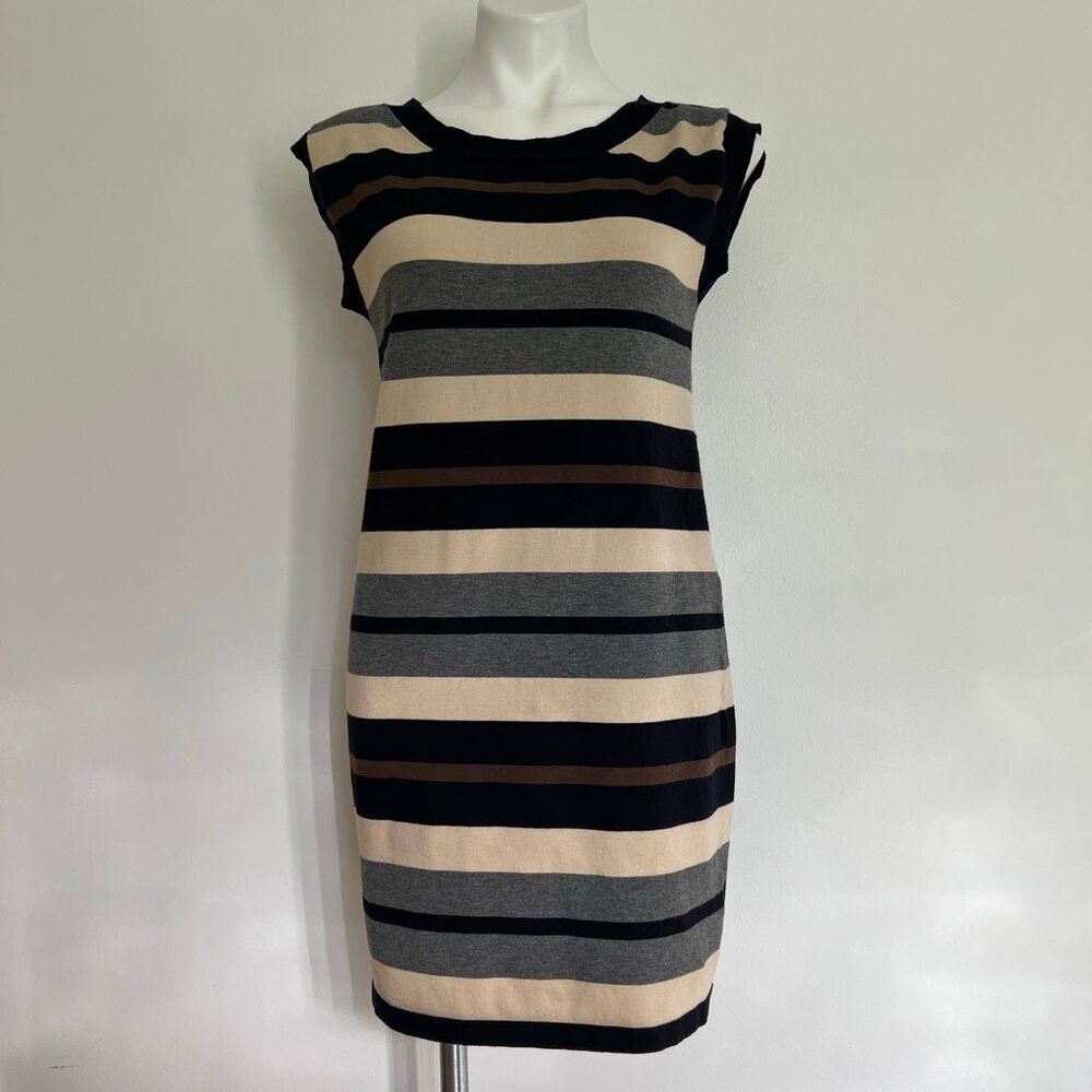Striped Cap Sleeve Sheath Dress in Black, Gray, Cream